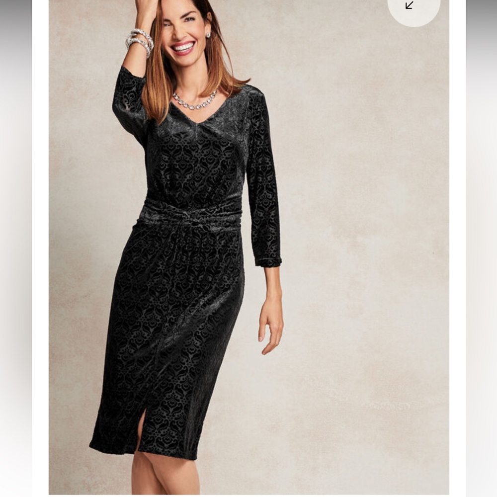 Talbots Black Velvet Jacquard Sheath Whimsigoth Drape Twisted Front Dress NWT M